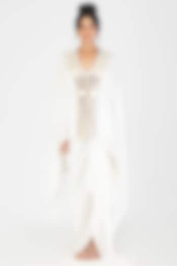 Pearl White Satin Chiffon Metallic Draped Cape With Belt by Amit Aggarwal at Pernia's Pop Up Shop