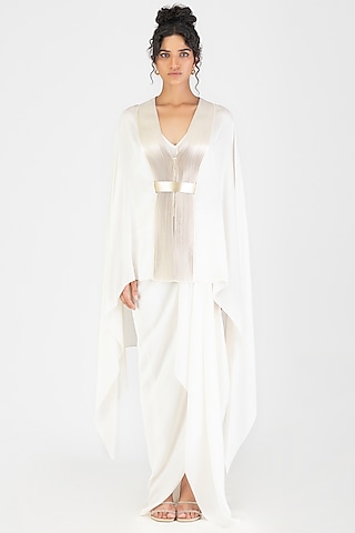 Pearl White Satin Chiffon Metallic Draped Cape With Belt by Amit Aggarwal