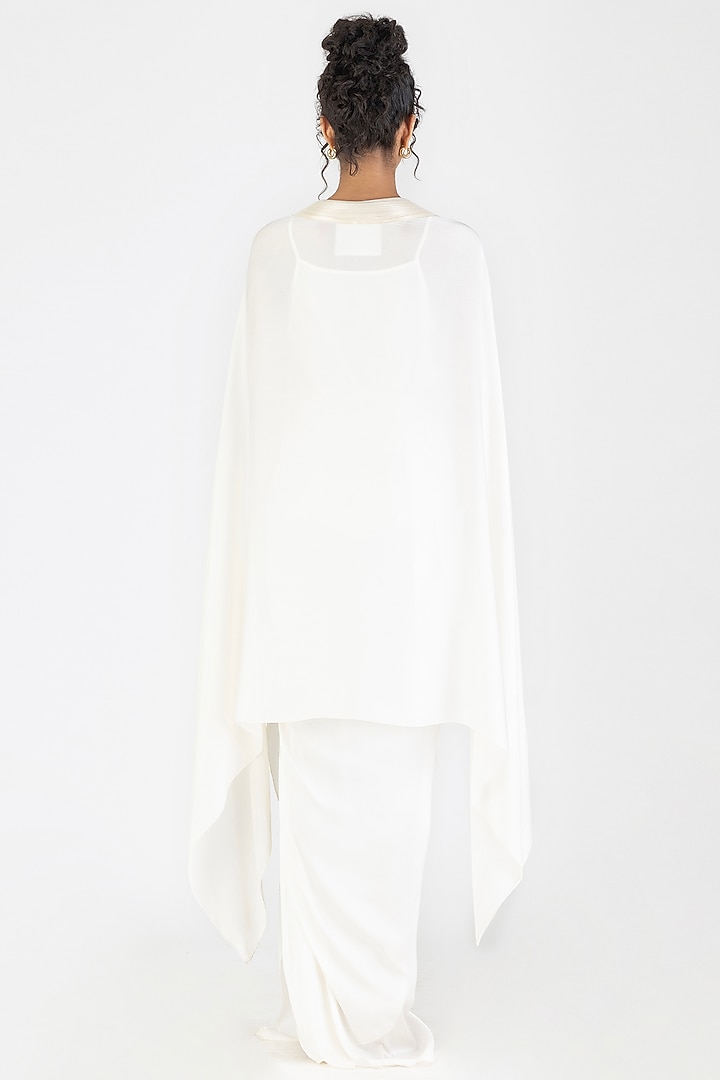 Pearl White Satin Chiffon Metallic Draped Cape With Belt by Amit Aggarwal at Pernia's Pop Up Shop