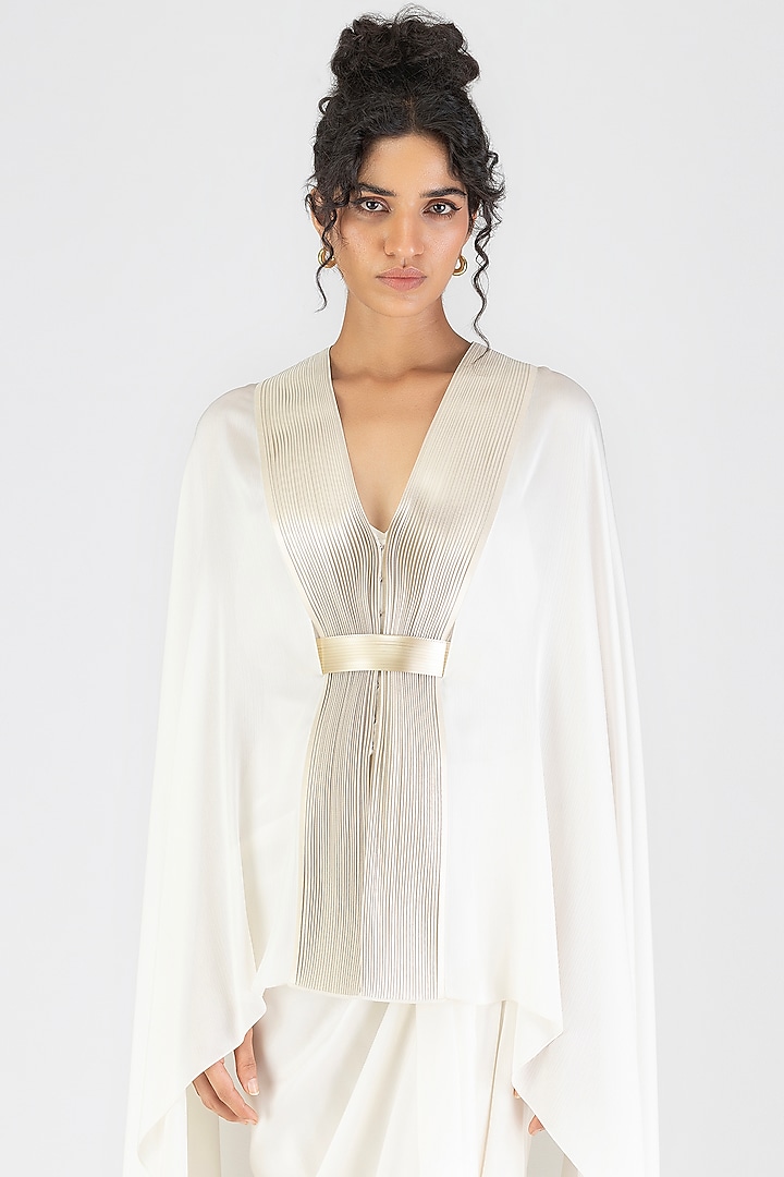 Pearl White Satin Chiffon Metallic Draped Cape With Belt by Amit Aggarwal at Pernia's Pop Up Shop