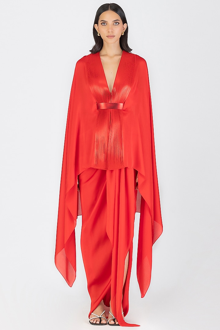 Magma Satin Chiffon Metallic Draped Cape With Belt by Amit Aggarwal at Pernia's Pop Up Shop