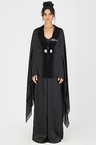 Onyx Black Satin Chiffon Metallic Draped Cape With Belt by Amit Aggarwal