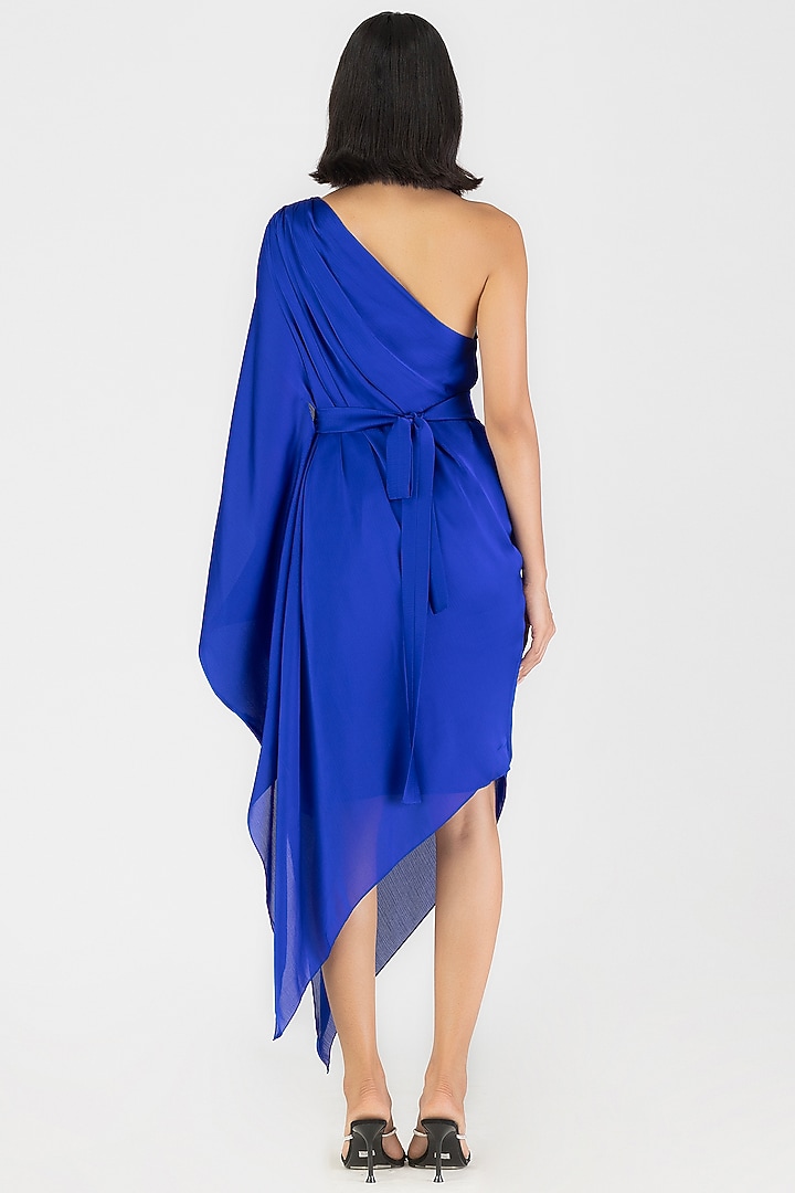 Blue Satin Chiffon One-Shoulder Draped Cocktail Dress by Amit Aggarwal at Pernia's Pop Up Shop