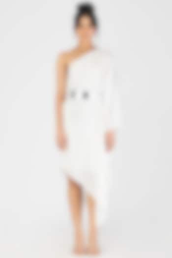 Pearl White Satin Chiffon One-Shoulder Draped Cocktail Dress by Amit Aggarwal at Pernia's Pop Up Shop