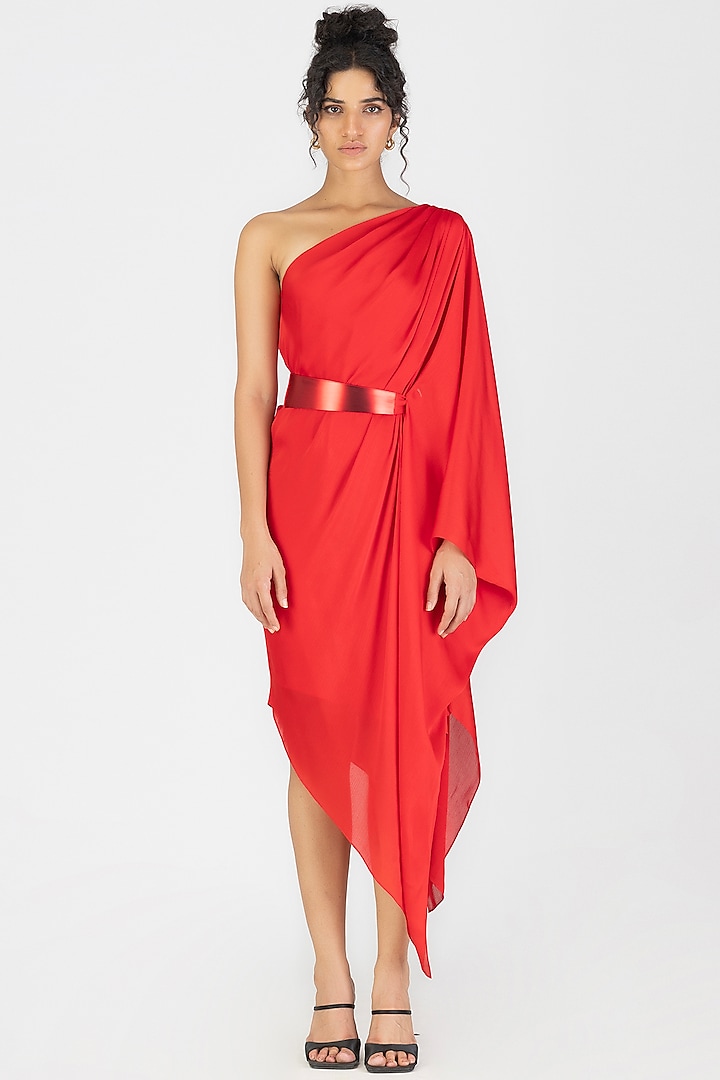 Magma Satin Chiffon One-Shoulder Draped Dress by Amit Aggarwal at Pernia's Pop Up Shop