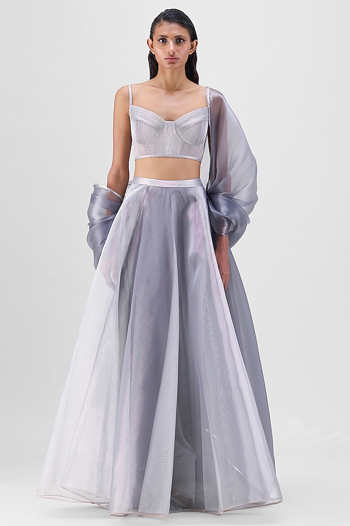 Steel Grey Mesh Net Cape Set by Amit Aggarwal at Pernia's Pop Up Shop