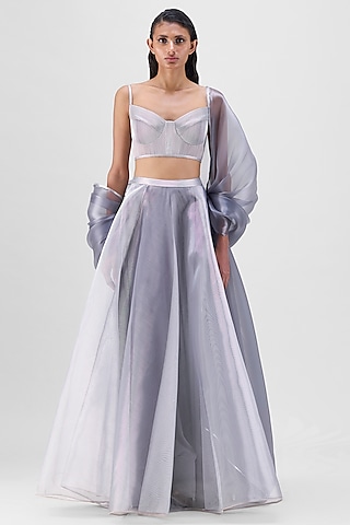 Steel Grey Mesh Net Cape Set by Amit Aggarwal
