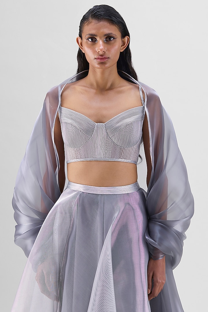 Steel Grey Mesh Net Cape Set by Amit Aggarwal at Pernia's Pop Up Shop