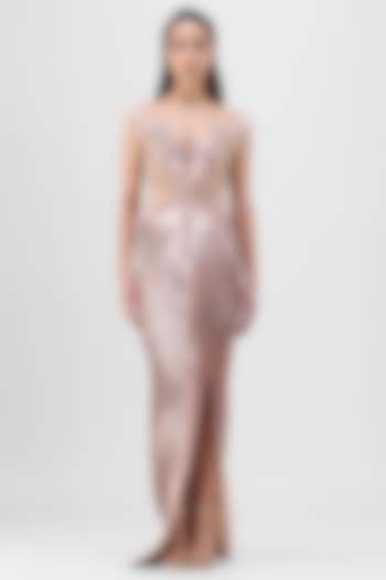 Rose Pink Metallic Micro Pleated Bridal Gown by Amit Aggarwal at Pernia's Pop Up Shop