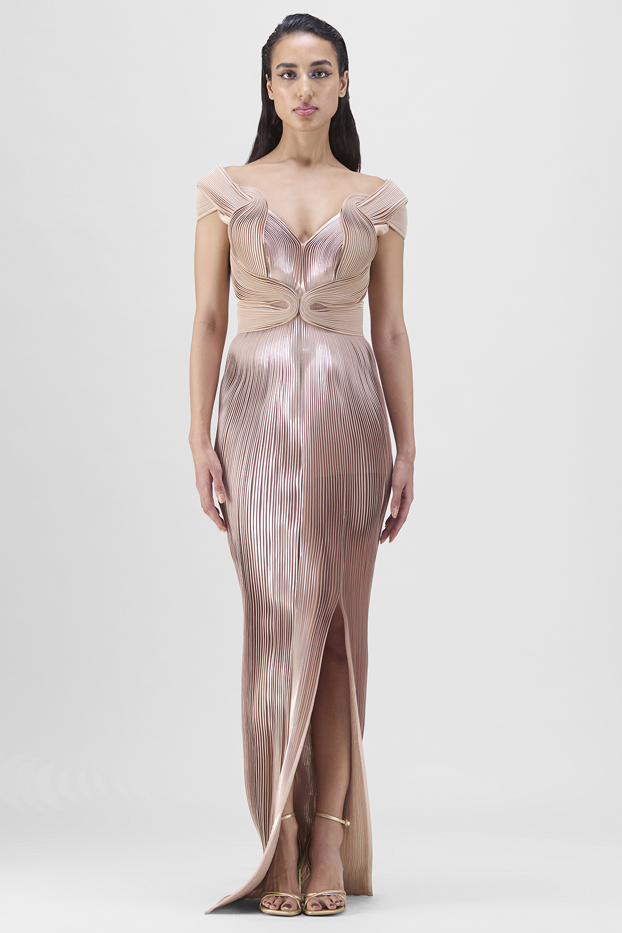 Rose Pink Metallic Micro Pleated Bridal Gown by Amit Aggarwal at Pernia's Pop Up Shop