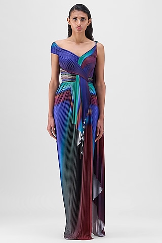 Green & Teal Nylon Jersey Saree by Amit Aggarwal