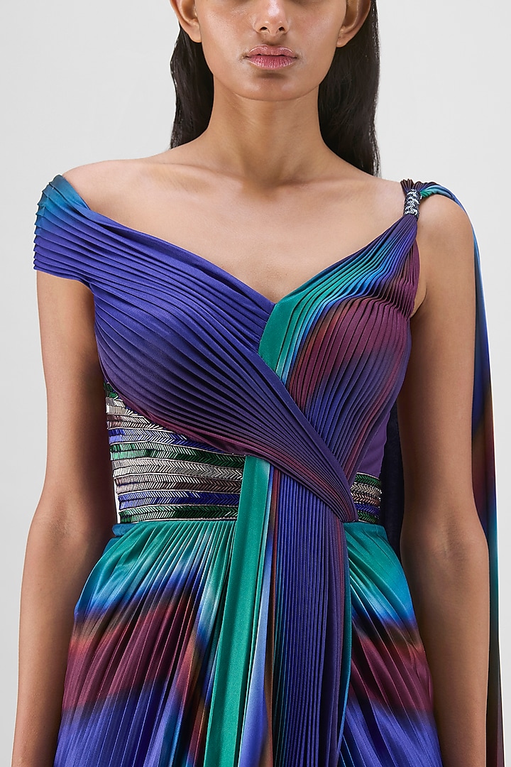 Green & Teal Nylon Jersey Reception Saree by Amit Aggarwal at Pernia's Pop Up Shop