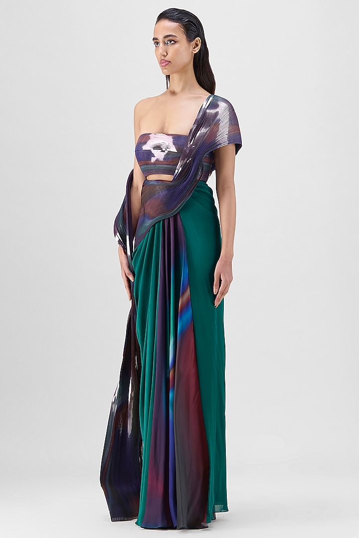 Green & Teal Metallic Satin Chiffon Reception Saree Set by Amit Aggarwal at Pernia's Pop Up Shop