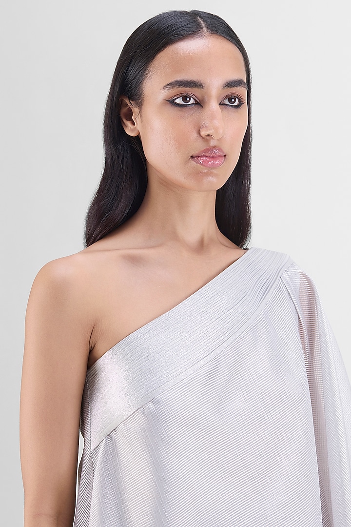 Silver Metallic Organza Striped One-Shoulder Top by Amit Aggarwal at Pernia's Pop Up Shop