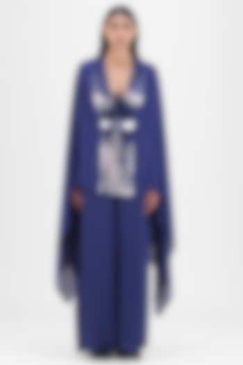 Ink Blue Satin Chiffon Metallic Structured Cape Set by Amit Aggarwal at Pernia's Pop Up Shop