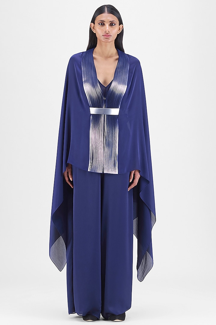 Ink Blue Satin Chiffon Metallic Structured Cape Set by Amit Aggarwal at Pernia's Pop Up Shop