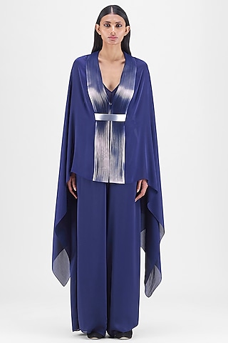 Ink Blue Satin Chiffon Metallic Structured Cape Set by Amit Aggarwal