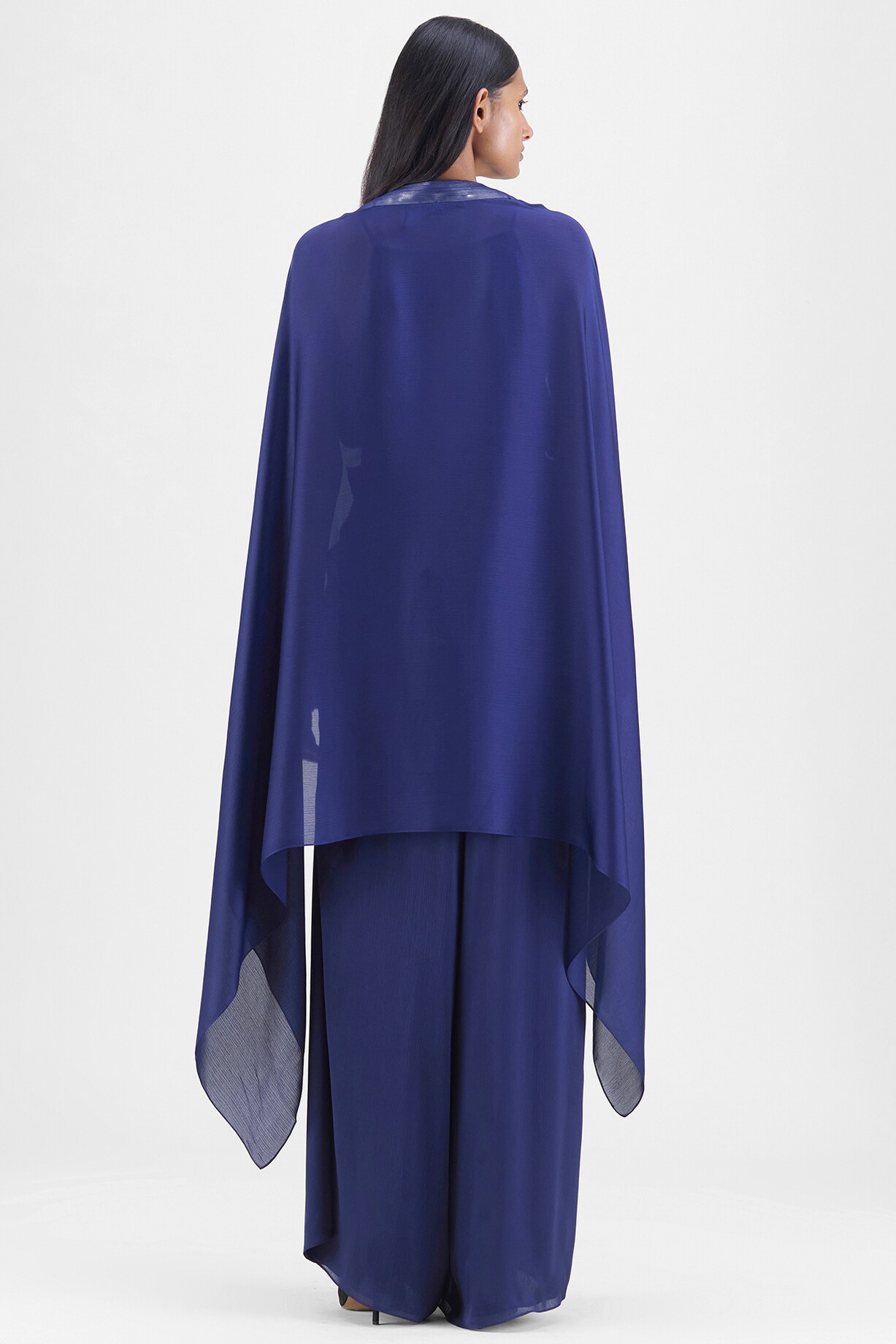 Structured Cape Ink Blue Satin Chiffon Metallic Structured Cape Set by Amit Aggarwal at ...