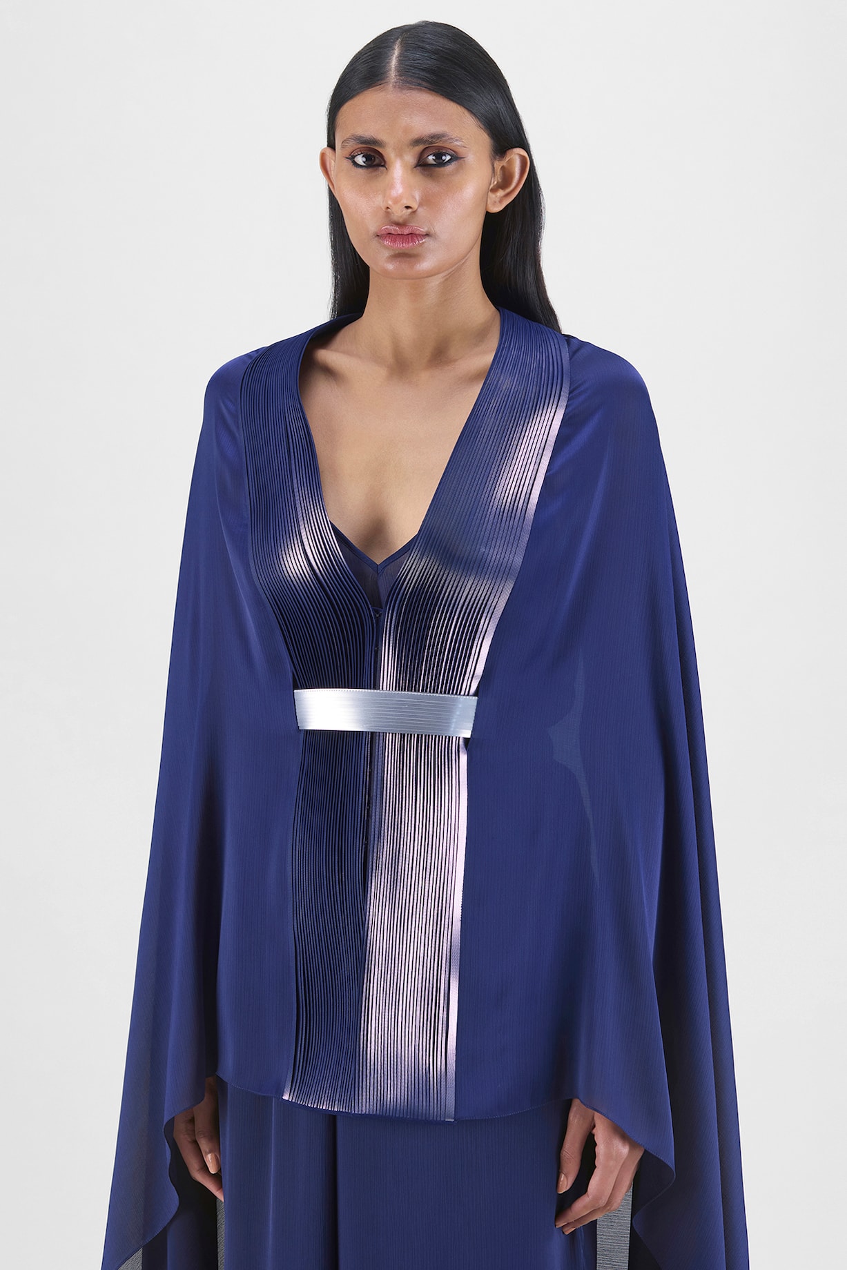 Structured Cape Ink Blue Satin Chiffon Metallic Structured Cape Set by Amit Aggarwal at ...
