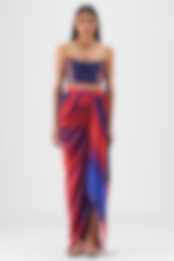 Red & Blue Satin Chiffon Skirt Set by Amit Aggarwal at Pernia's Pop Up Shop