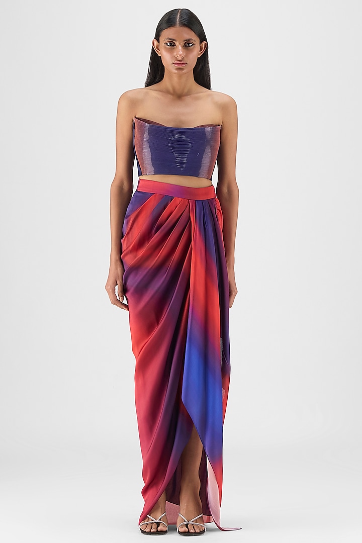 Red & Blue Satin Chiffon Skirt Set by Amit Aggarwal at Pernia's Pop Up Shop