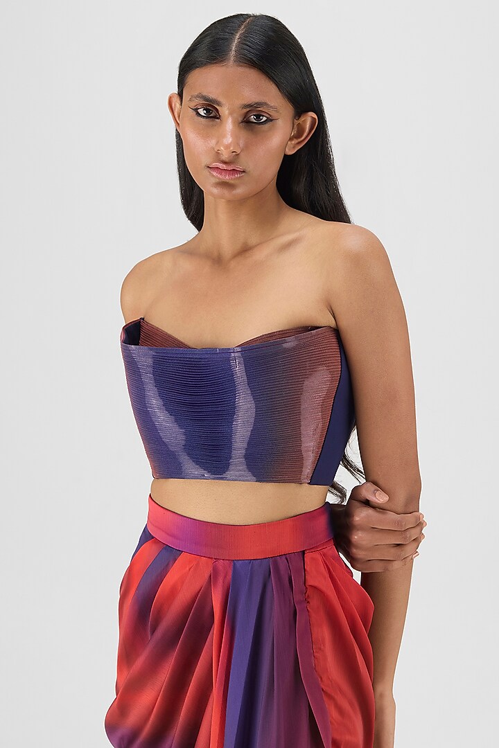 Red & Blue Satin Chiffon Skirt Set by Amit Aggarwal at Pernia's Pop Up Shop