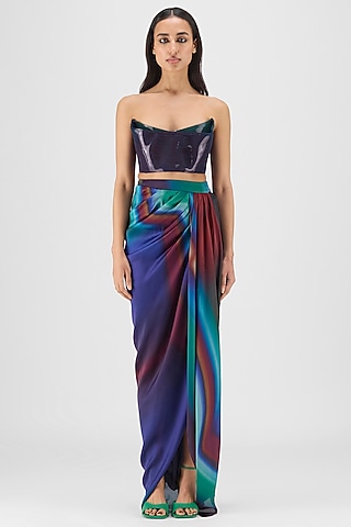 Green & Teal Satin Chiffon Skirt Set by Amit Aggarwal