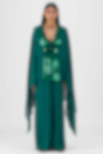 Emerald Green Satin Chiffon Metallic Structured Cape Set by Amit Aggarwal at Pernia's Pop Up Shop
