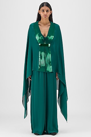 Emerald Green Satin Chiffon Metallic Structured Cape Set by Amit Aggarwal