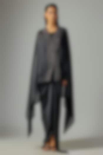 Black Satin Chiffon Cape by Amit Aggarwal at Pernia's Pop Up Shop