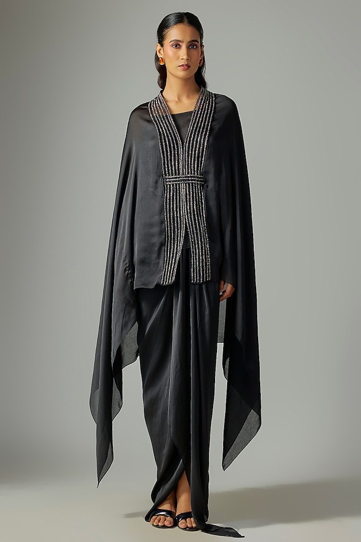 Black Satin Chiffon Cape by Amit Aggarwal at Pernia's Pop Up Shop