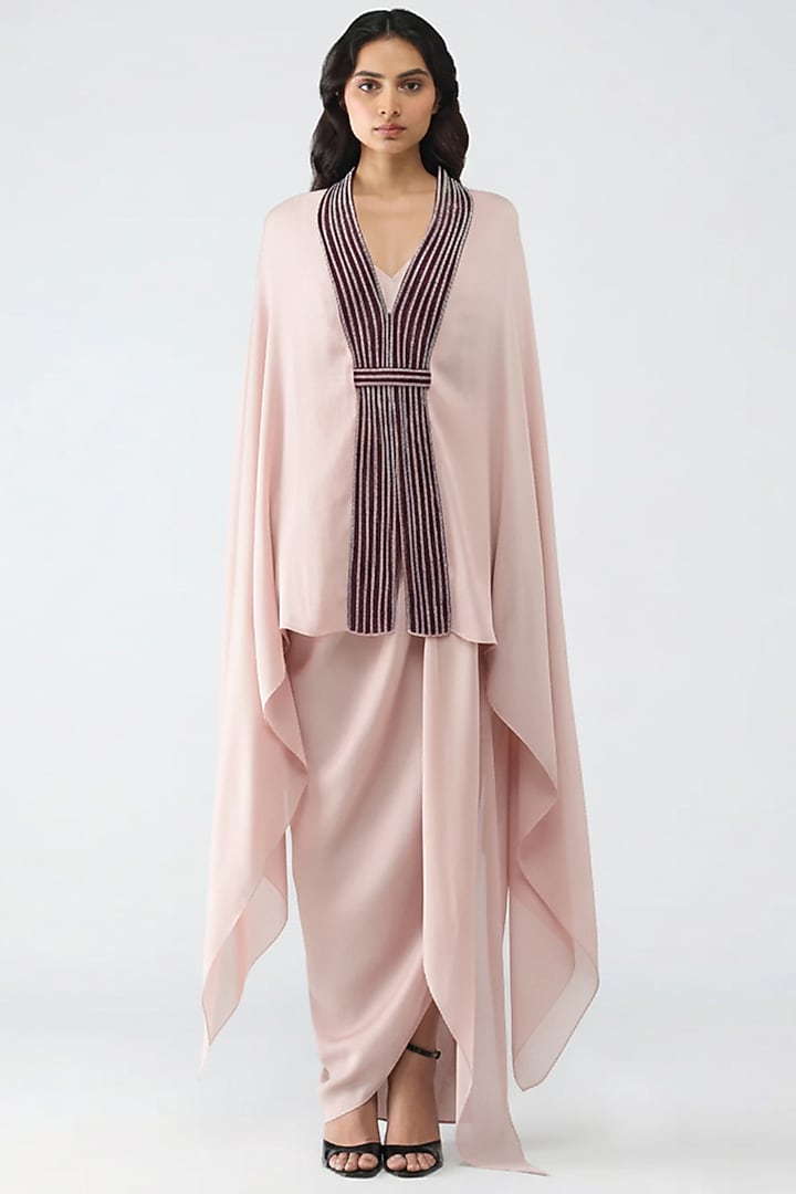 Blush Pink Satin Chiffon Cape by Amit Aggarwal at Pernia's Pop Up Shop