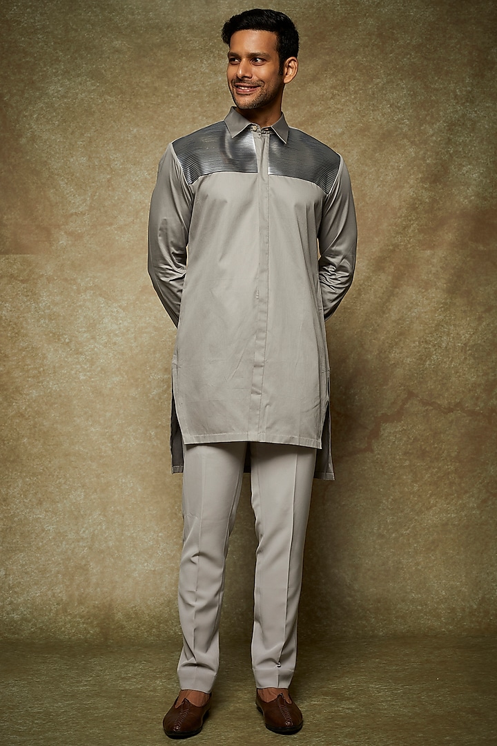 Grey Cotton Satin & Metallic Polymer Pant Set by Amit Aggarwal Men