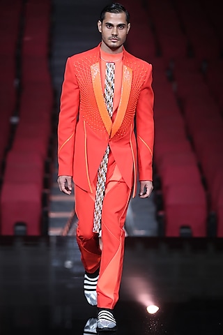 Orange Metallic Embroidered Monochrome Tuxedo Set by Amit Aggarwal Men