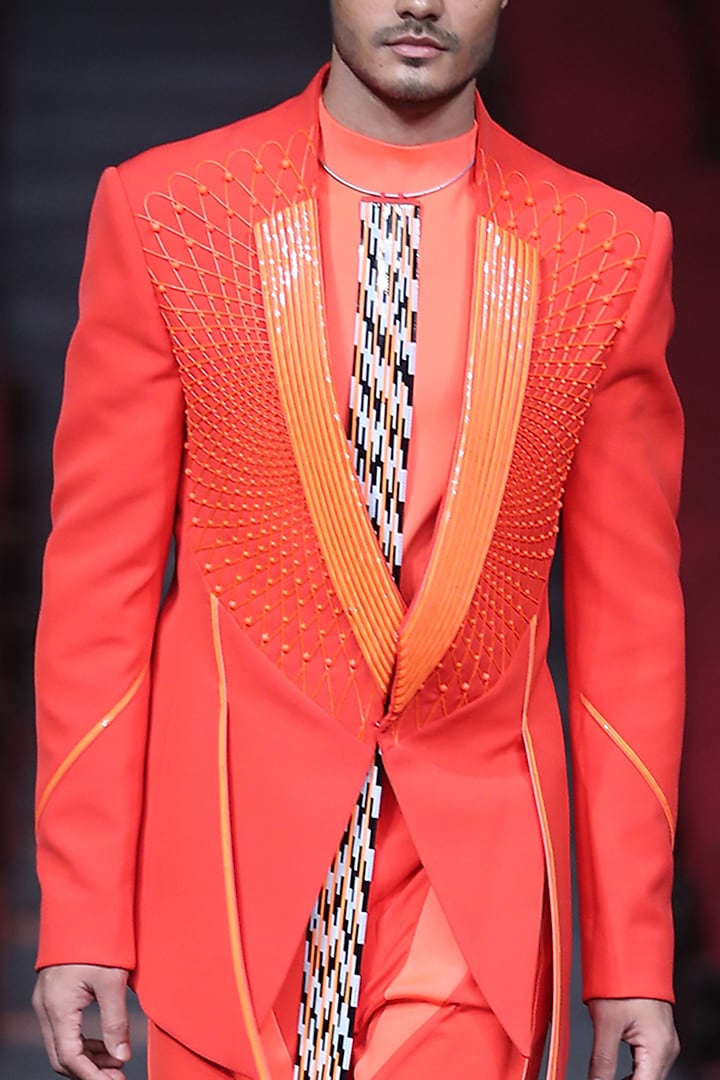 Orange Metallic Embroidered Monochrome Tuxedo Set by Amit Aggarwal Men at Pernia's Pop Up Shop