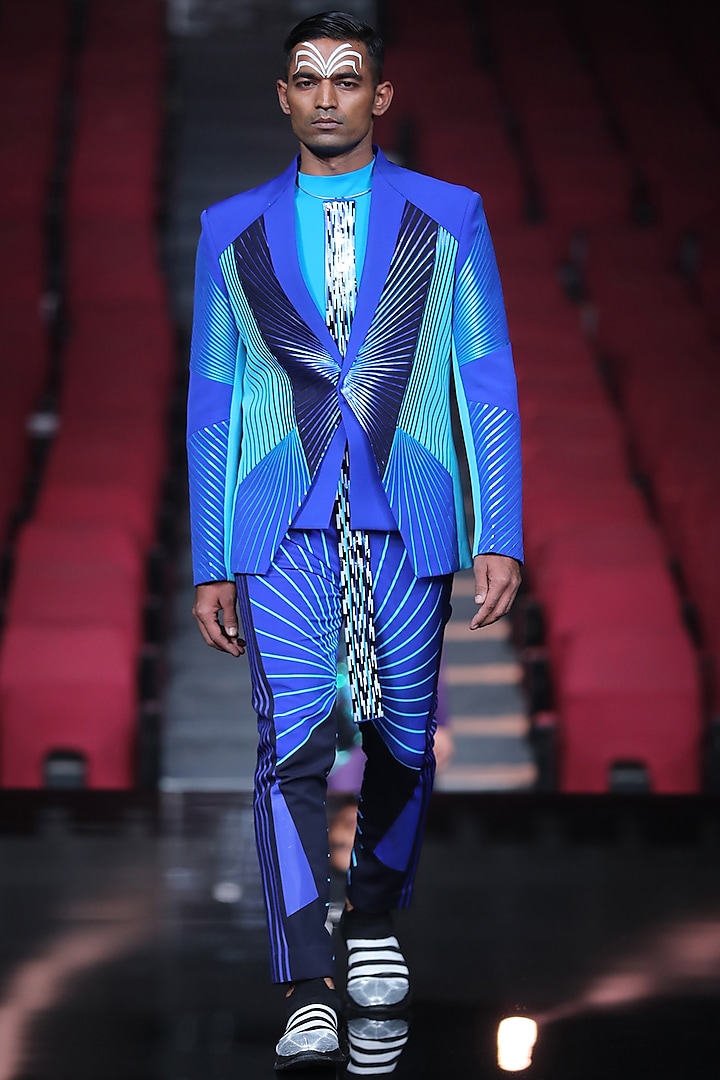 Royal Blue Metallic Tuxedo Set by Amit Aggarwal Men