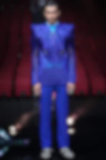 Royal Blue Mesh Bomber Jacket Set by Amit Aggarwal Men