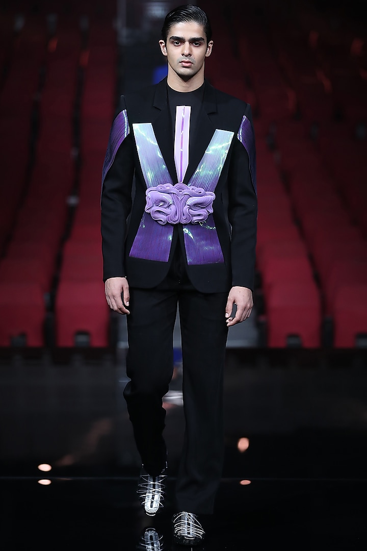 Black & Purple Metallic Polymer Draped Tuxedo Set by Amit Aggarwal Men