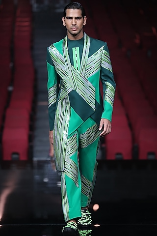 Neon Green Polymer Metallic Handwoven Asymmetric Tuxedo Set by Amit Aggarwal Men