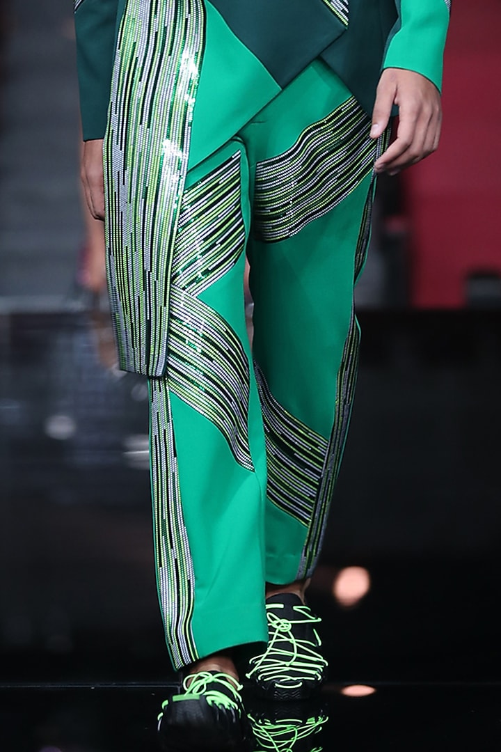 Neon Green Polymer Metallic Handwoven Asymmetric Tuxedo Set by Amit Aggarwal Men at Pernia's Pop Up Shop