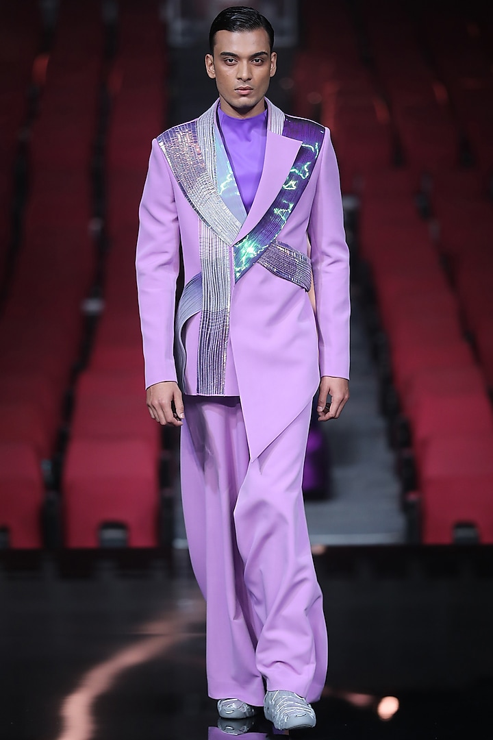 Lilac Metallic Polymer Sequins Embroidered Tuxedo Set by Amit Aggarwal Men