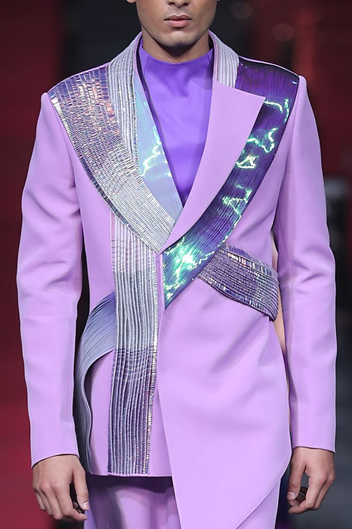 Lilac Metallic Polymer Sequins Embroidered Tuxedo Set by Amit Aggarwal Men at Pernia's Pop Up Shop