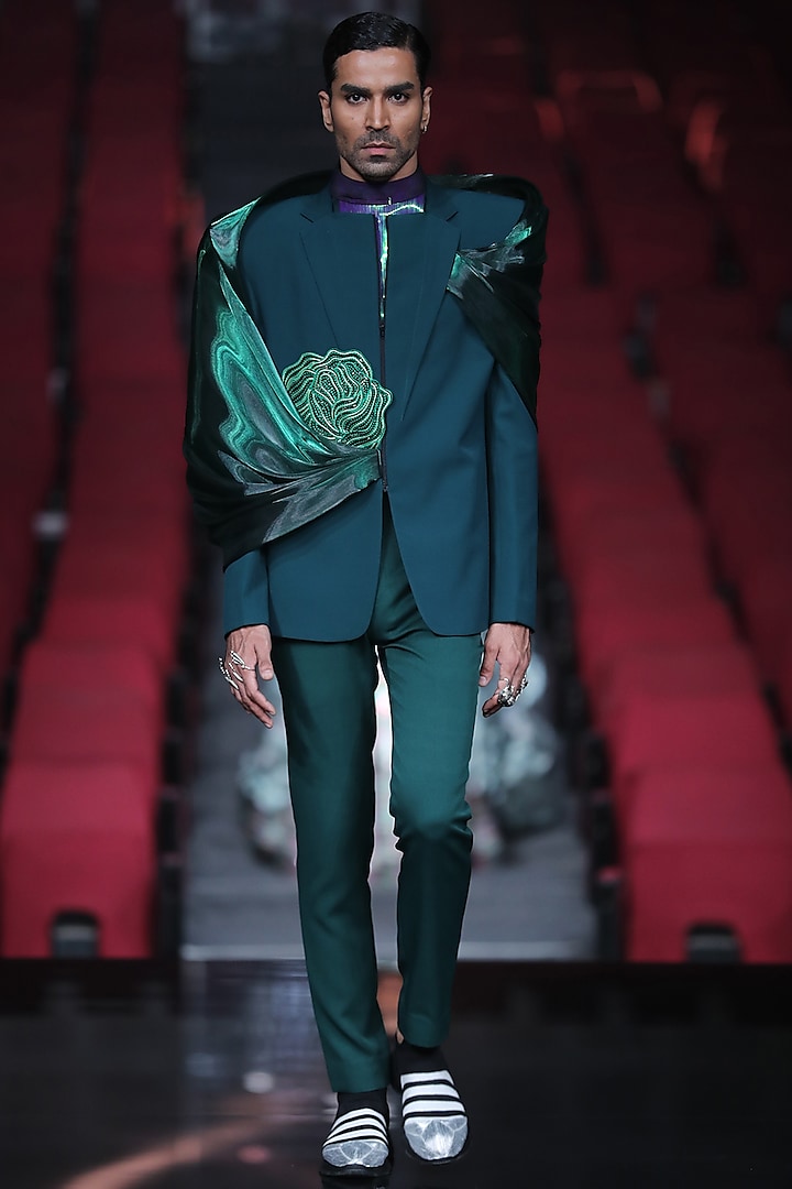 Emerald Green Embroidered Hand Moulded Jacket Set by Amit Aggarwal Men