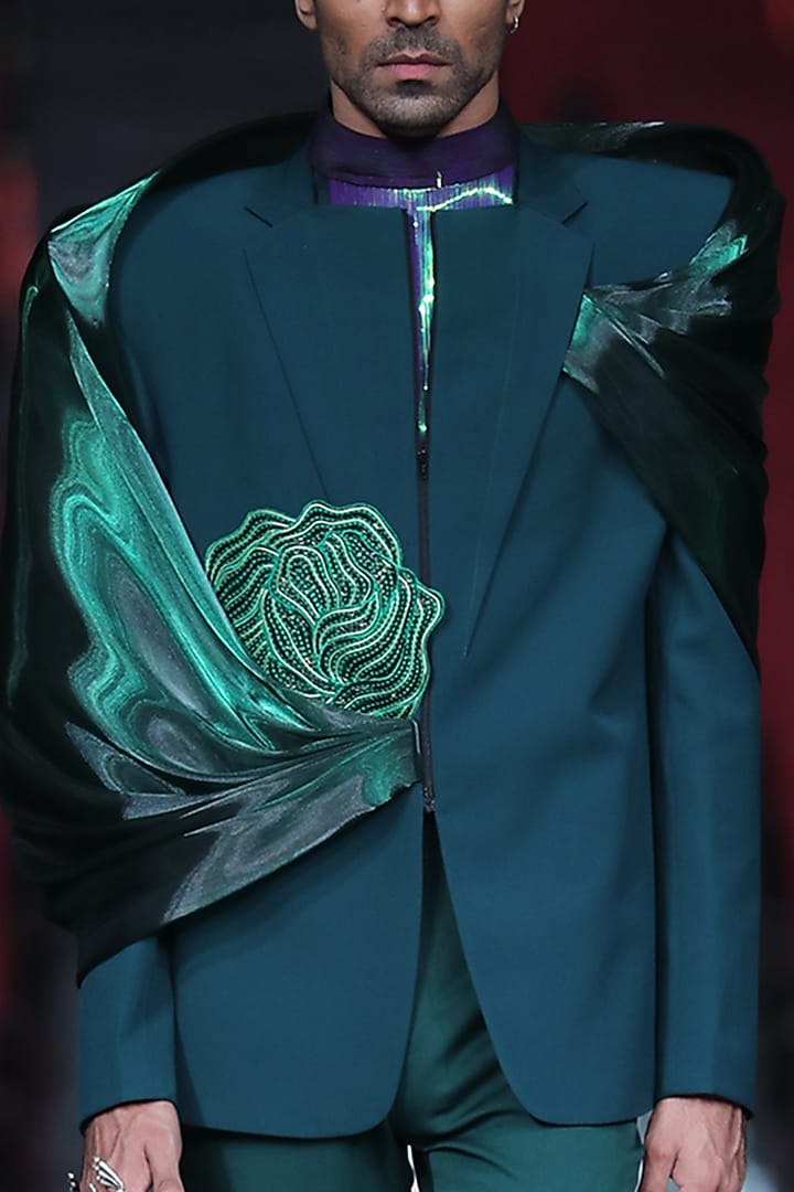 Emerald Green Embroidered Hand Moulded Jacket Set by Amit Aggarwal Men at Pernia's Pop Up Shop