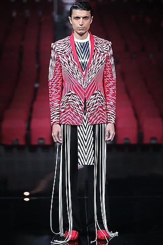 Red Polymer Metallic Embroidered Tuxedo Set by Amit Aggarwal Men
