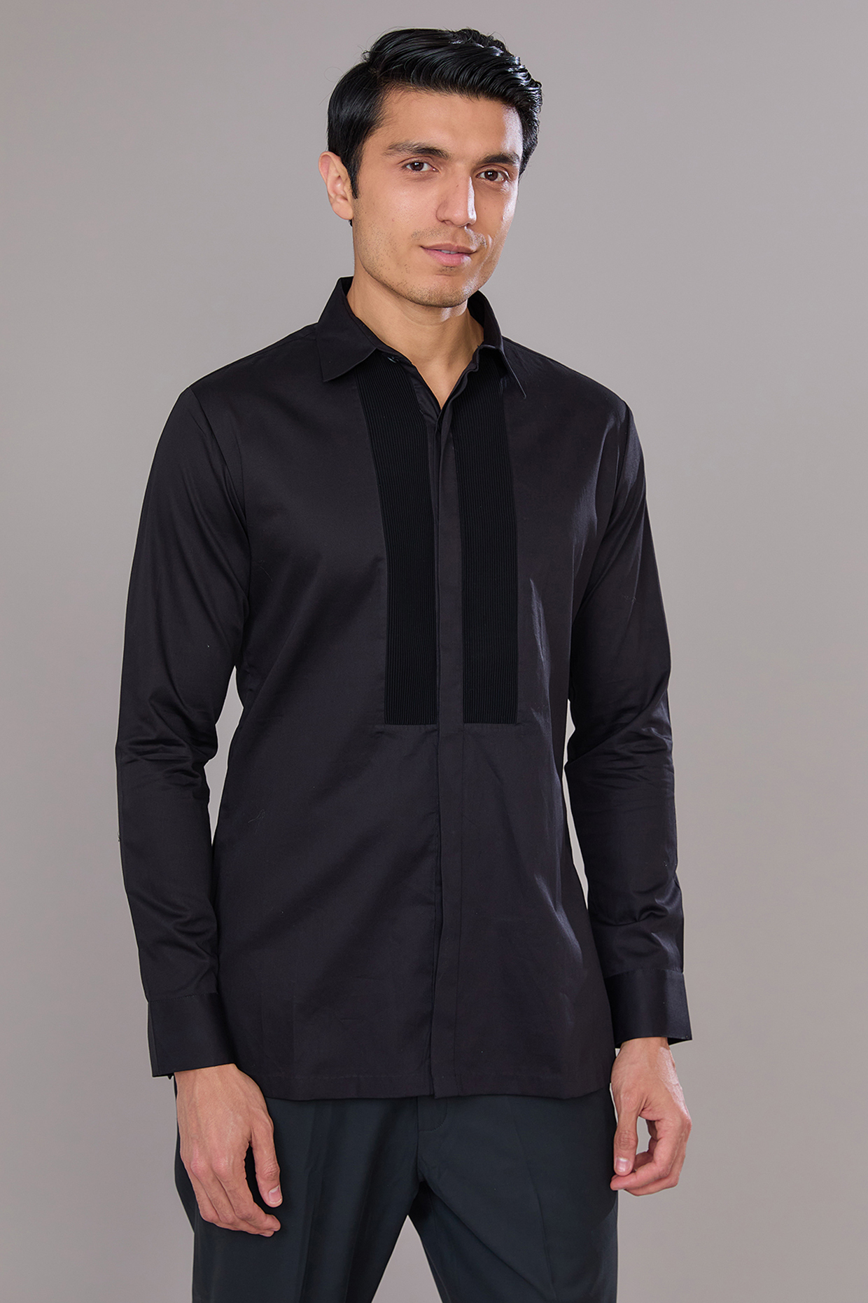 Black Cotton Satin Shirt by Amit Aggarwal Men