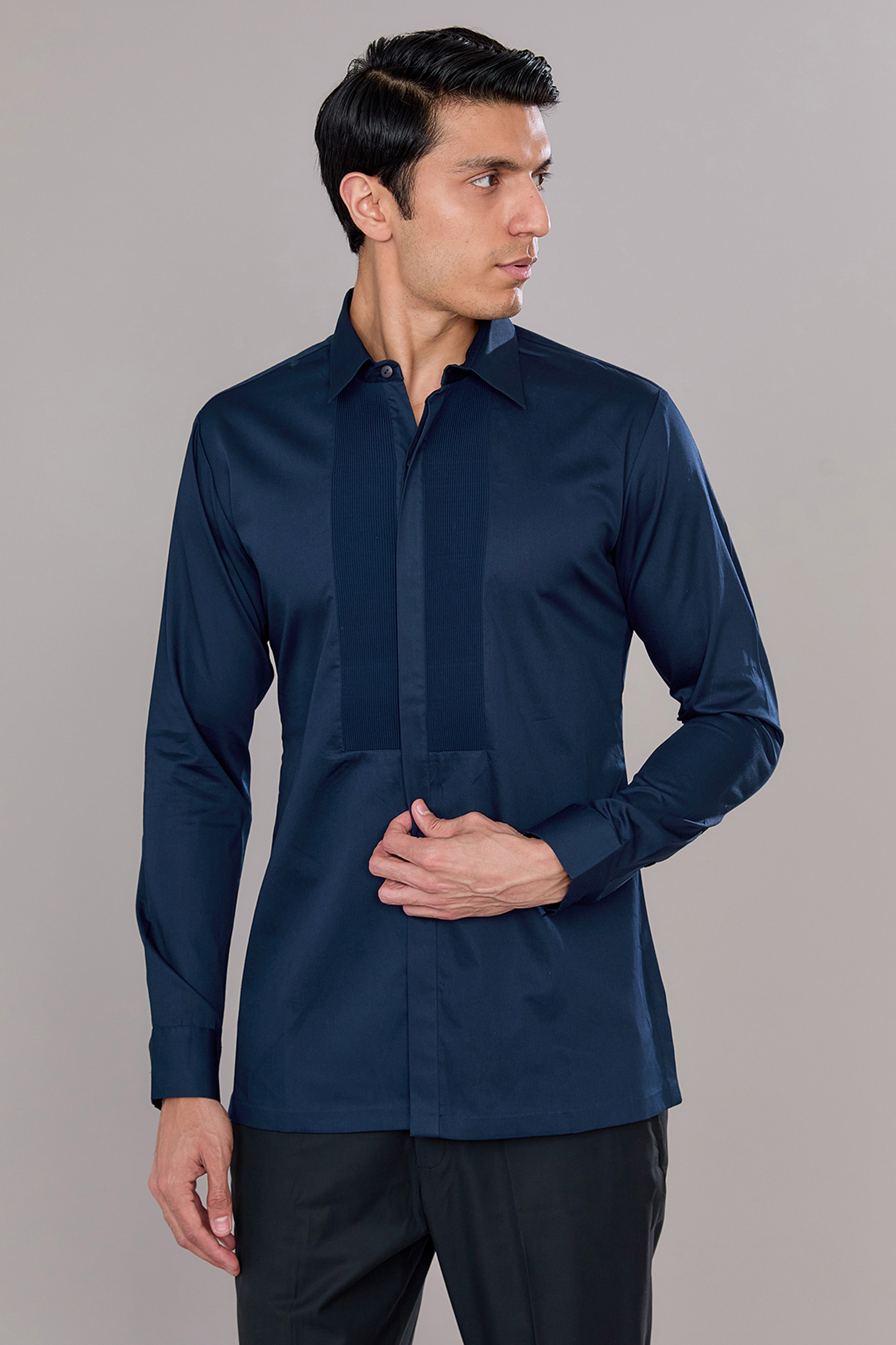 Ink Blue Cotton Satin Shirt by Amit Aggarwal Men