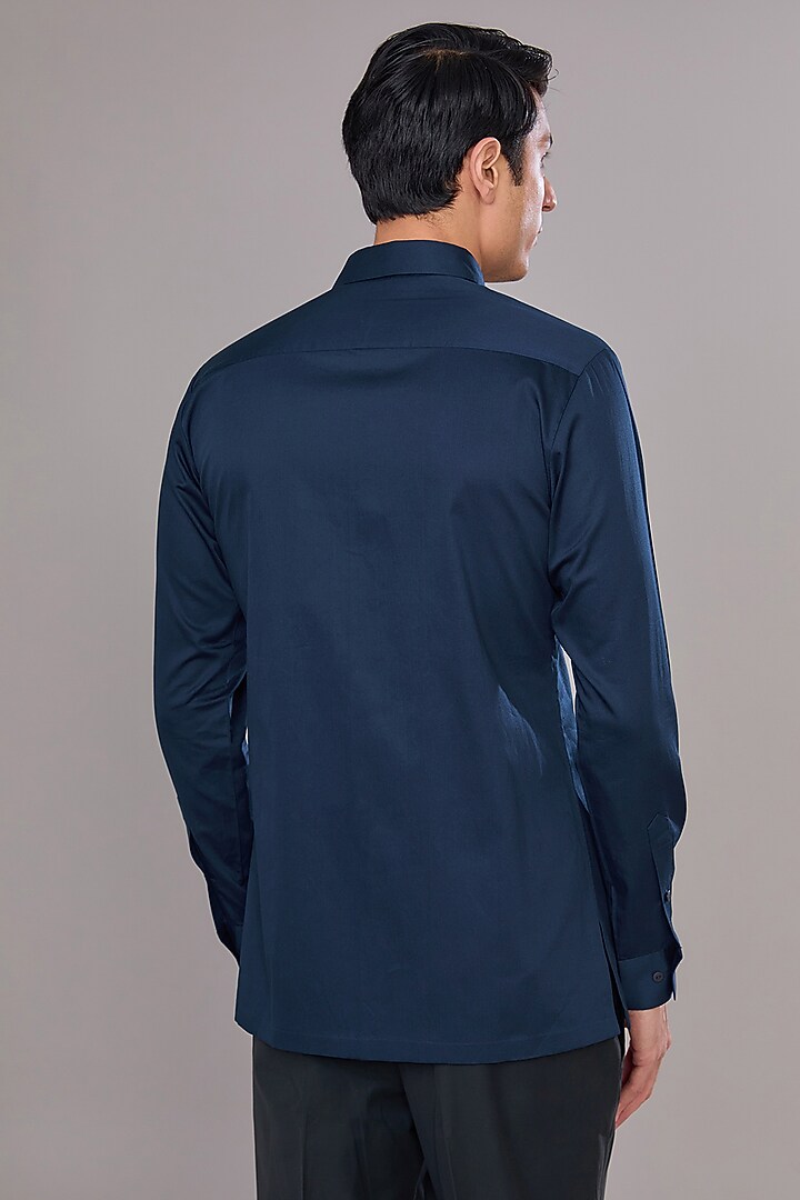 Ink Blue Cotton Satin Wedding Shirt by Amit Aggarwal Men at Pernia's Pop Up Shop