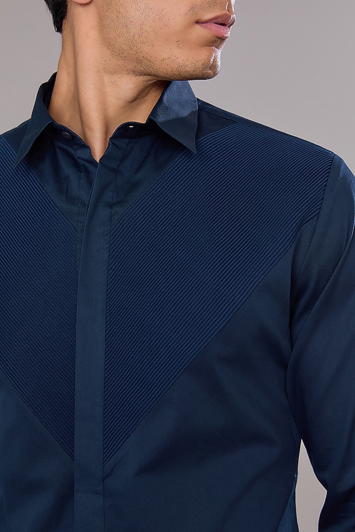 Ink Blue Cotton Satin Wedding Shirt by Amit Aggarwal Men at Pernia's Pop Up Shop
