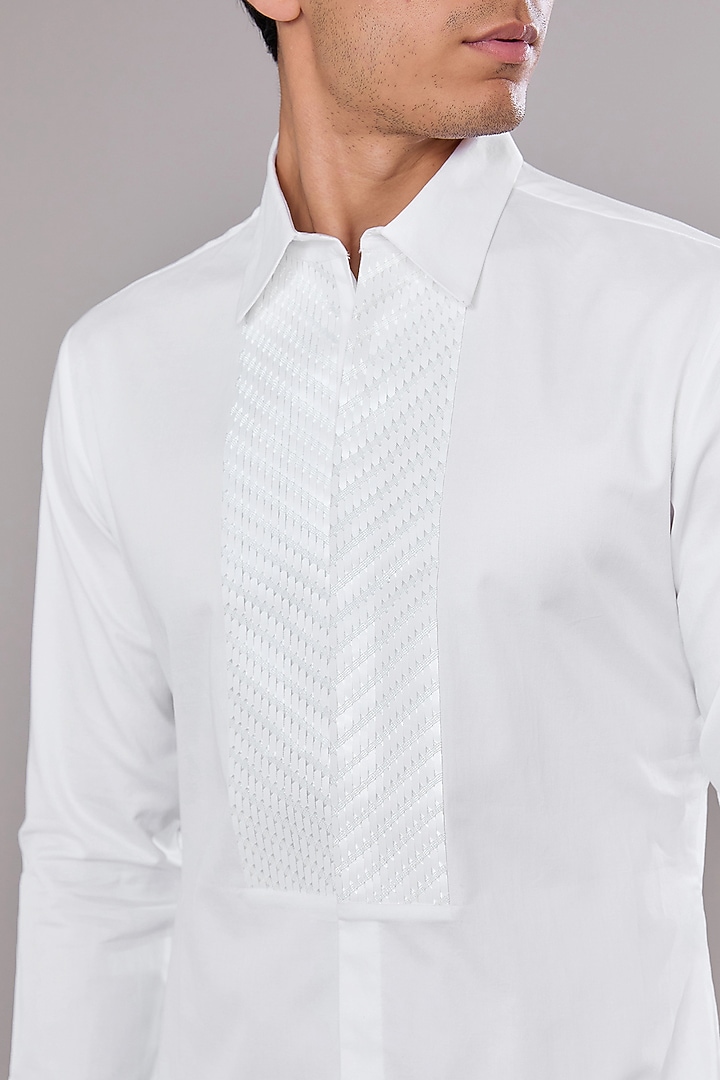 Ivory Cotton Satin Wedding Shirt by Amit Aggarwal Men at Pernia's Pop Up Shop